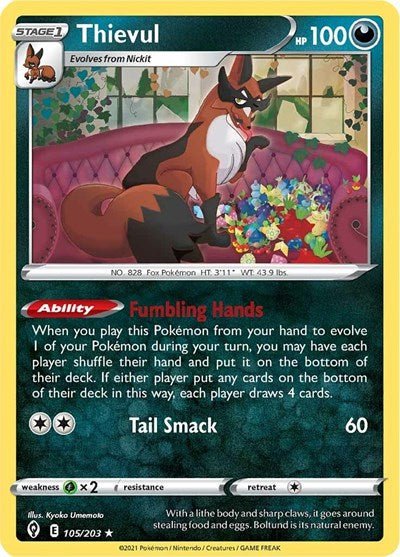 Pokémon card: Thievul 105/203 from Evolving Skies (Rare), Darkness type, front of card