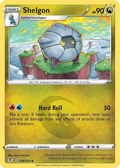 Pokémon card: Shelgon 108/203 from Evolving Skies (Uncommon), Dragon type, front of card