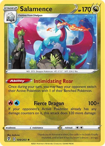 Pokémon card: Salamence 109/203 from Evolving Skies (Holo Rare), Dragon type, front of card
