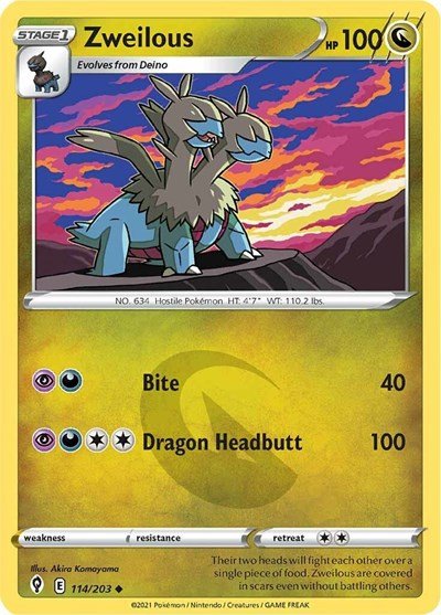Pokémon card: Zweilous 114/203 from Evolving Skies (Uncommon), Dragon type, front of card