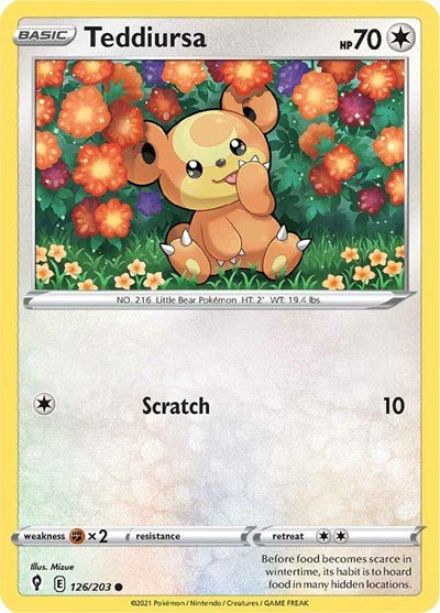 Pokémon card: Teddiursa 126/203 from Evolving Skies (Common), Colorless type, front of card