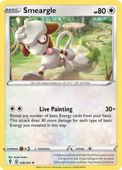 Pokémon card: Smeargle 128/203 from Evolving Skies (Rare), Colorless type, front of card