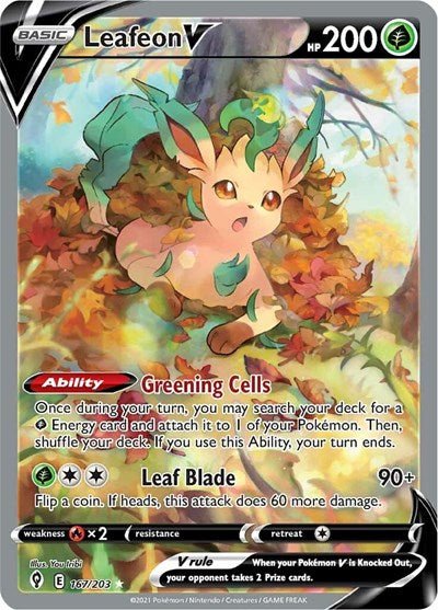Pokémon card: Leafeon V (Alternate Full Art) 167/203 from Evolving Skies (Ultra Rare), Grass type, front of card