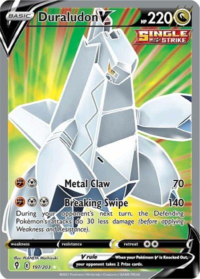 Pokémon card: Duraludon V (Full Art) 197/203 from Evolving Skies (Ultra Rare), Dragon type, front of card