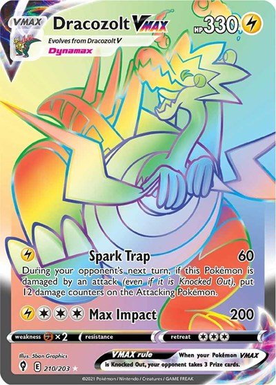 Pokémon card: Dracozolt VMAX 210/203 from Evolving Skies (Secret Rare), Lightning type, front of card