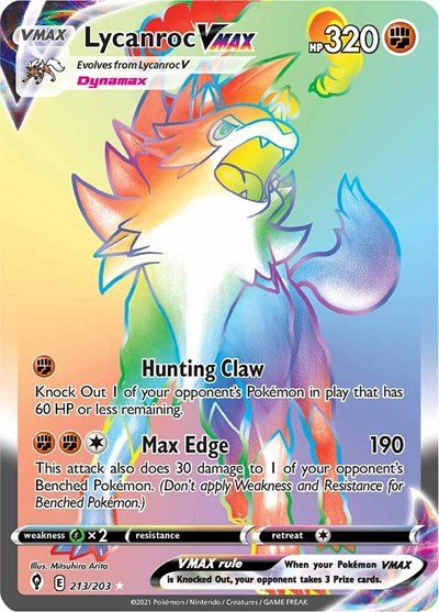 Pokémon card: Lycanroc VMAX 213/203 from Evolving Skies (Secret Rare), Fighting type, front of card