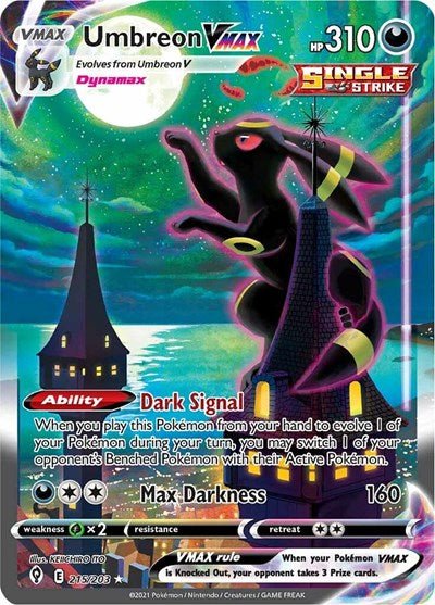 Pokémon card: Umbreon VMAX (Alternate Art Secret) 215/203 from Evolving Skies (Secret Rare), Darkness type, front of card