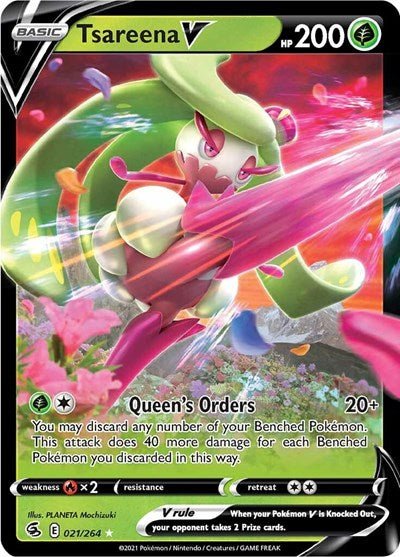 Pokémon card: Tsareena V 021/264 from Fusion Strike (Ultra Rare), Grass type, front of card