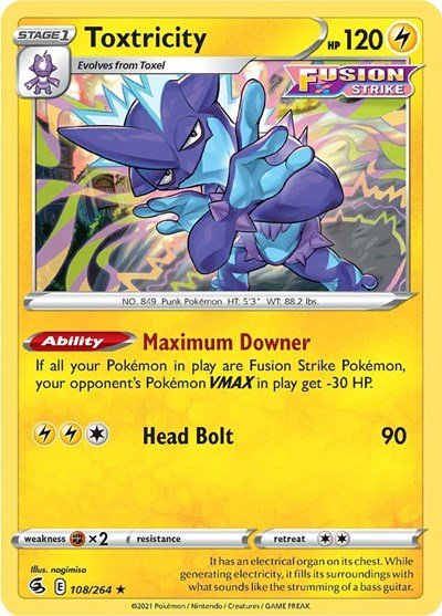 Pokémon card: Toxtricity 108/264 from Fusion Strike (Holo Rare), Lightning type, front of card