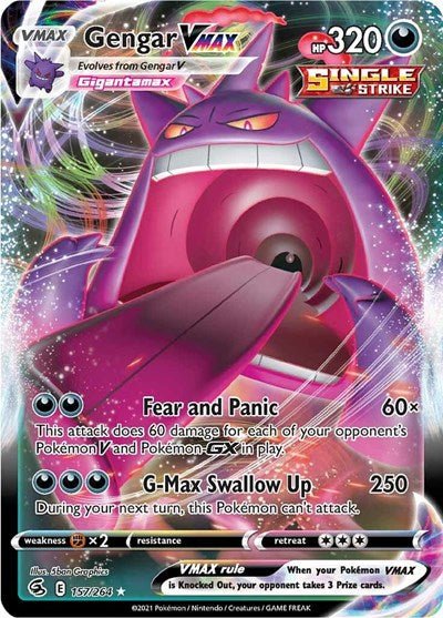 Pokémon card: Gengar VMAX 157/264 from Fusion Strike (Ultra Rare), Darkness type, front of card