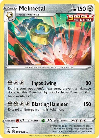 Pokémon card: Melmetal 189/264 from Fusion Strike (Holo Rare), Metal type, front of card