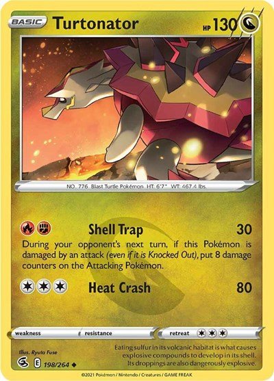 Pokémon card: Turtonator 198/264 from Fusion Strike (Uncommon), Dragon type, front of card