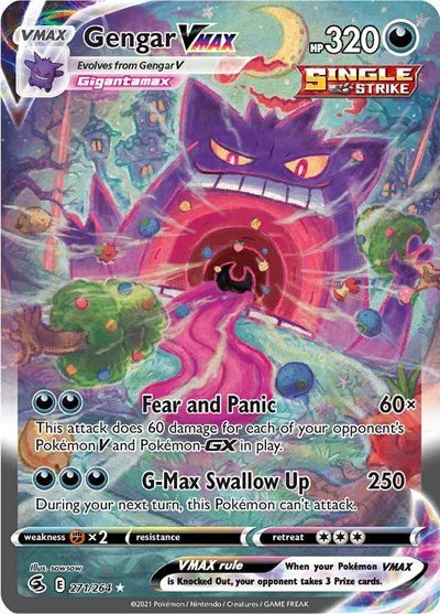 Pokémon card: Gengar VMAX (Alternate Art Secret) 271/264 from Fusion Strike (Secret Rare), Darkness type, front of card