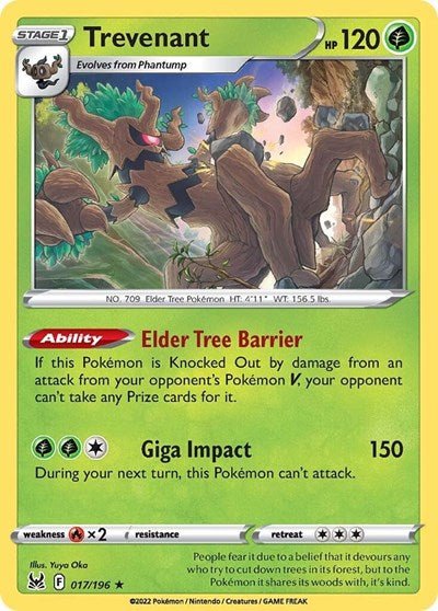 Pokémon card: Trevenant 017/196 from Lost Origin (Holo Rare), Grass type, front of card