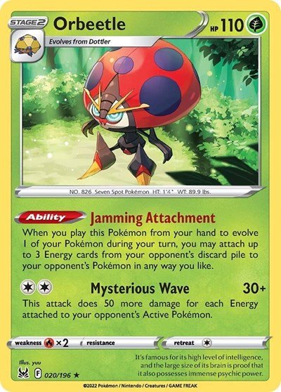 Pokémon card: Orbeetle 020/196 from Lost Origin (Holo Rare), Grass type, front of card