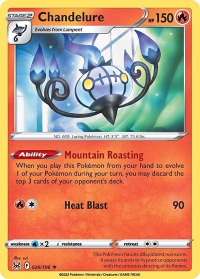 Pokémon card: Chandelure 026/196 from Lost Origin (Holo Rare), Fire type, front of card
