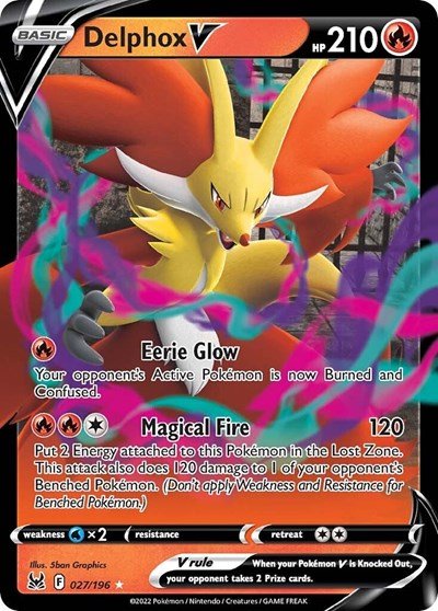 Pokémon card: Delphox V 027/196 from Lost Origin (Ultra Rare), Fire type, front of card