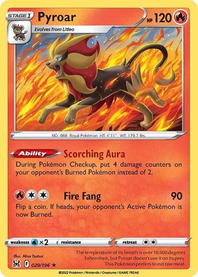 Pokémon card: Pyroar 029/196 from Lost Origin (Holo Rare), Fire type, front of card