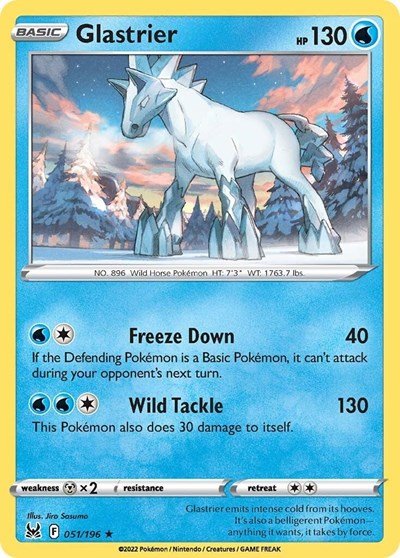 Pokémon card: Glastrier 051/196 from Lost Origin (Holo Rare), Water type, front of card