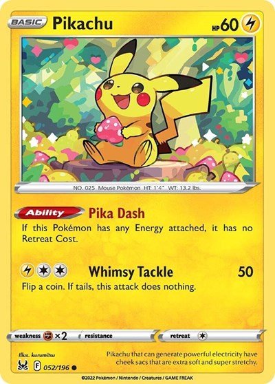 Pokémon card: Pikachu 052/196 from Lost Origin (Common), Lightning type, front of card