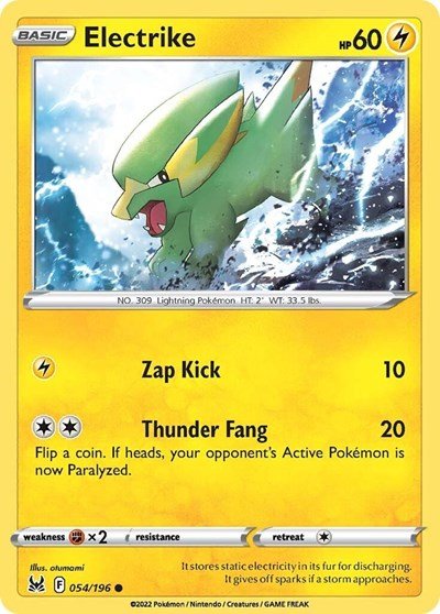 Pokémon card: Electrike 054/196 from Lost Origin (Common), Lightning type, front of card