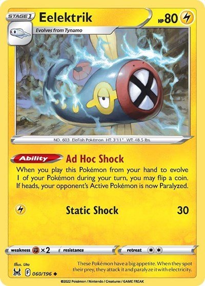 Pokémon card: Eelektrik 060/196 from Lost Origin (Uncommon), Lightning type, front of card