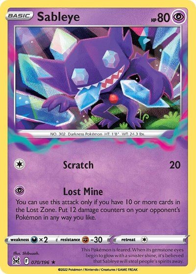 Pokémon card: Sableye 070/196 from Lost Origin (Holo Rare), Psychic type, front of card