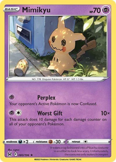Pokémon card: Mimikyu 080/196 from Lost Origin (Rare), Psychic type, front of card