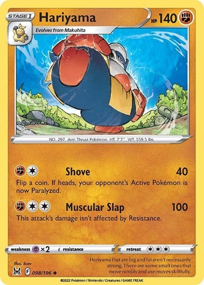 Pokémon card: Hariyama 098/196 from Lost Origin (Uncommon), Fighting type, front of card