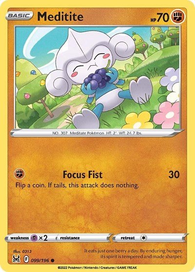 Pokémon card: Meditite 099/196 from Lost Origin (Common), Fighting type, front of card