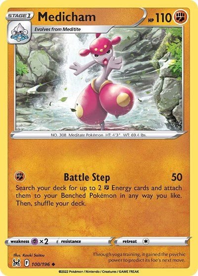 Pokémon card: Medicham 100/196 from Lost Origin (Uncommon), Fighting type, front of card