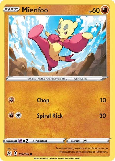 Pokémon card: Mienfoo 103/196 from Lost Origin (Common), Fighting type, front of card