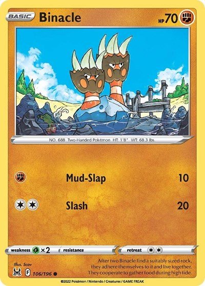 Pokémon card: Binacle 106/196 from Lost Origin (Common), Fighting type, front of card