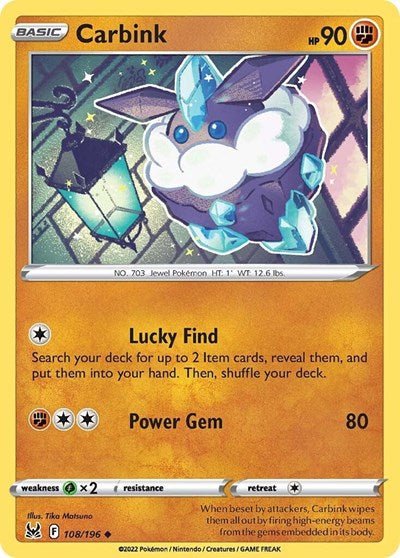 Pokémon card: Carbink 108/196 from Lost Origin (Uncommon), Fighting type, front of card