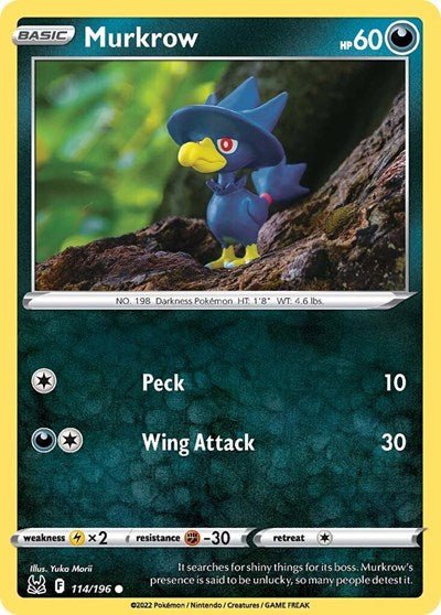 Pokémon card: Murkrow 114/196 from Lost Origin (Common), Darkness type, front of card