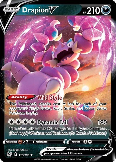 Pokémon card: Drapion V 118/196 from Lost Origin (Ultra Rare), Darkness type, front of card