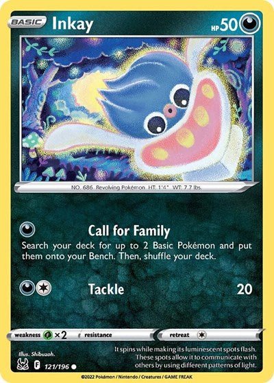 Pokémon card: Inkay 121/196 from Lost Origin (Common), Darkness type, front of card