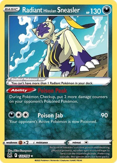 Pokémon card: Radiant Hisuian Sneasler 123/196 from Lost Origin (Radiant Rare), Darkness type, front of card