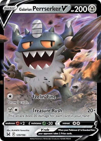 Pokémon card: Galarian Perrserker V 129/196 from Lost Origin (Ultra Rare), Metal type, front of card