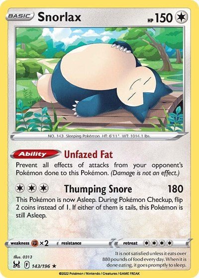 Pokémon card: Snorlax 143/196 from Lost Origin (Holo Rare), Colorless type, front of card