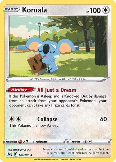 Pokémon card: Komala 149/196 from Lost Origin (Uncommon), Colorless type, front of card