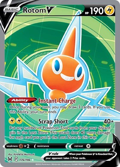 Pokémon card: Rotom V (Full Art) 176/196 from Lost Origin (Ultra Rare), Lightning type, front of card