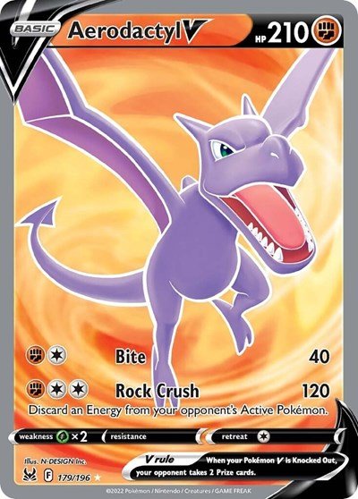Pokémon card: Aerodactyl V (Full Art) 179/196 from Lost Origin (Ultra Rare), Fighting type, front of card