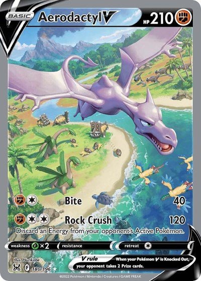 Pokémon card: Aerodactyl V (Alternate Full Art) 180/196 from Lost Origin (Ultra Rare), Fighting type, front of card