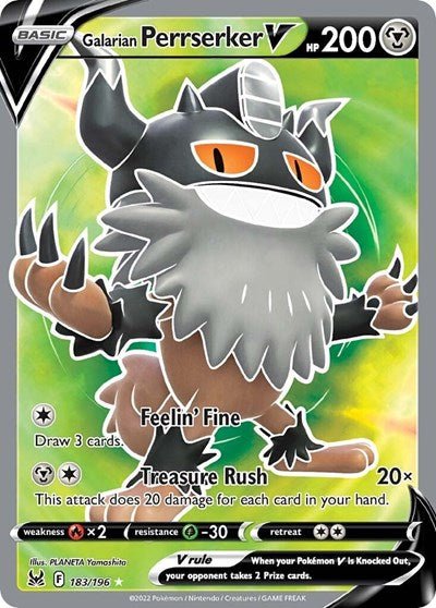 Pokémon card: Galarian Perrserker V (Full Art) 183/196 from Lost Origin (Ultra Rare), Colorless type, front of card