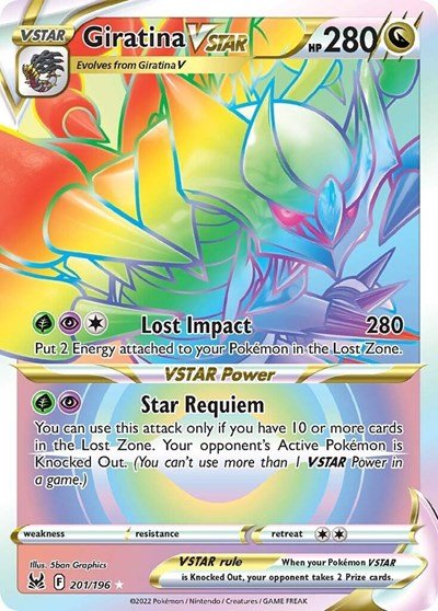 Pokémon card: Giratina VSTAR 201/196 from Lost Origin (Secret Rare), Dragon type, front of card