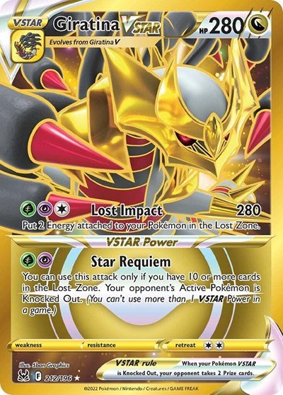 Pokémon card: Giratina VSTAR 212/196 from Lost Origin (Secret Rare), Dragon type, front of card