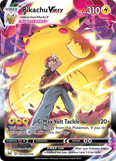 Pokémon card: Pikachu VMAX TG17/TG30 from Lost Origin Trainer Gallery (Ultra Rare), Lightning type, front of card