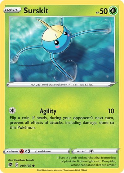 Pokémon card: Surskit 010/192 from Rebel Clash (Common), Grass type, front of card