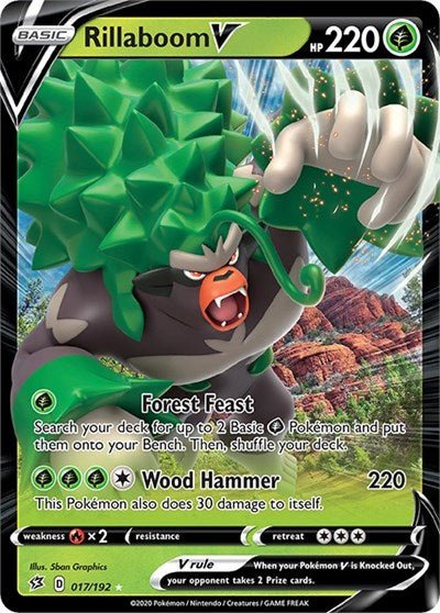 Pokémon card: Rillaboom V 017/192 from Rebel Clash (Ultra Rare), Grass type, front of card
